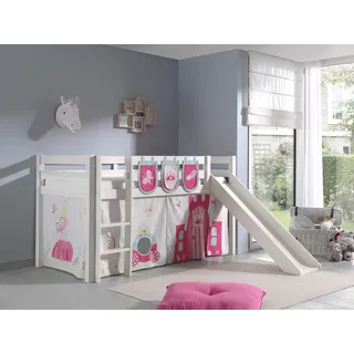 Spielbett Hochbett Kinderbett 90x200 Rutsche Vorhang Tasche Prinzessin Weiß Rosa