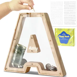 DBPBToU Spardose Kinder, Sparschwein Kinder, Buchstaben Spardose Holz, Spardose Personalisiert für Geburtstag Geschenk/Heimdekoration/Keepsake (A)