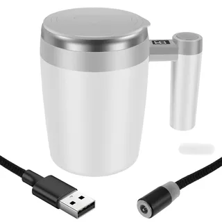 Selbstrührende Kaffeetasse 400ml, Selbstrührende Tasse Temperaturanzeige mit Deckel Tragegriff, Stirring Mug mit USB für Kaffee, Milch Rührbare Getränke (Weiß)
