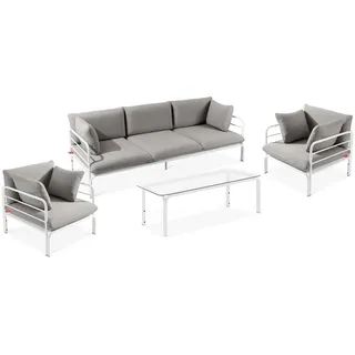 Konsimo Gartenlounge-Set RAMBE Gartenmöbelset, hergestellt in der EU, (4-tlg., 1x Tisch, 2x Sessel, 1x Sofa 3-Sitzer), handgefertigt, Loft, mit Auflage, Stahlrahmen grau|weiß