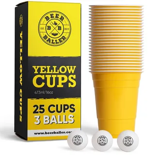 BeerBaller® Yellow Cups - Bierpong Becher Set | 25 gelbe Beer Pong Becher & 3 Bier Pong Bälle | 473ml - 16oz Partybecher | spülmaschinenfest & wiederverwendbar
