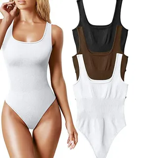 Akayoo Shape Up Bodysuit, Geripptes Body-Set Mit Quadratischem Ausschnitt For Damen,Bodysuit Women Shapewear Set Mit Quadratischem Ausschnitt For Damen – 3-Teilige Sexy Tank-Top-Body