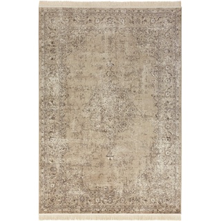 Nouristan Orientalischer Teppich – Wohnzimmerteppich mit Fransen Oriental Vintage Medaillon Naveh Samt-Teppich für Wohnzimmer, Schlafzimmer, Esszimmer, Küche, Flur – Olivgrün, 160x230cm