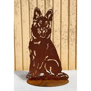 Schäferhund sitzend auf Platte Edelrost Gartendeko Rost Metall Rostfigur Hunde Tier Dekofigur Gartendekoration von Steinfigurenwelt (60x36cm)
