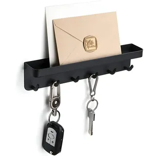 TOJ Living Schlüsselbrett – 6 Haken – 25 cm – Edelstahl – matt schwarz – selbstklebend – mit Postfach