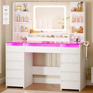 BEWISHOME Vollsicht Glasplatte Schminktisch mit Spiegel & RGB-Beleuchtung | Schminktisch mit 11 RGB-Schubladen,6 Ablagen,Großer Schminktisch mit Steckdose und Haartrocknerhalter fürs Schlafzimmer Weiß