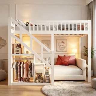 Hochbett 140x200 mit Treppe Kinderbett Etagenbett mit Stauraum und Aufbewahrungsschrank, Stockbett Jugendhochbett mit Rausfallschutz und Lattenrost Doppelstockbett für Erwachsene Jugendliche Kinder