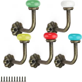 WJUAN 5 Stück Kleiderhaken Vintage, 5 Farbiger Dekorativer Keramikkopf Vintage Garderobenhaken, Zinklegierung Garderobenhaken Vintage mit Schrauben, Geeignet zum Aufhängen Kleidung, Hüten
