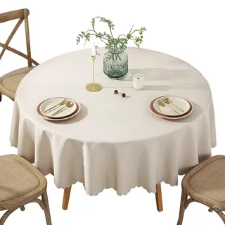 PETBNA Runde Tischdecke aus Baumwolle und Leinen Für Esstische und Couchtische Maschinenwaschbar Beige Durchmesser 180 cm