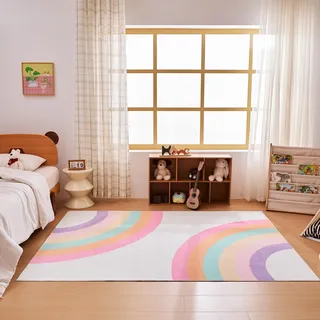 Sonive Rosa Regenbogen Teppich Kinderteppich für Junge Mädchen rutschfeste Krabbelmatte für Wohnzimmer, Schlafzimmer, Kinderzimmer 120x170cm