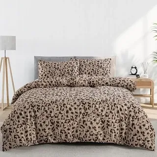 LYJKLST Bettwäsche 200x200 3teilig Bettbezug Braunes Leopardenmuster - Bettwäsche-Sets 200 x 200 cm mit 2 Kissenbezüge 80x80cm, ÖKO-TEX Bettwäsche Bedding Leopard mit Reißverschluss Braun