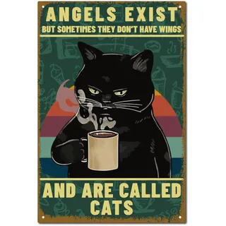 CREATCABIN Engel Katze Kaffee Metall Blechschild Retro Blechschild Poster Wanddekoration Vintage Malerei Plakette Eisenschild Kunstwand Hängende Verzierung Für Café Zuhause Bier Badezimmer 30x20cm