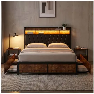Simurq Metallbett LED-Metall-Doppelbett mit Stauraum im Kopfteil und Lattenrost (1 Set, Bettgestell mit vier Schubladen und Kopfteil), Metallbettgestell, mit vier Schubladen, in drei Größen erhältlich 200 cm x 140 cm