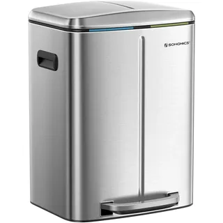 SONGMICS Mülleimer Küche, Mülltrennsystem 2 Fächer, Softclose, 2 x 20 L | Abfallsammler, 42,7 x 40,8 x 60,2 cm, Edelstahl, geruchsdicht, Tretmechanismus, Silbern und Tintenschwarz, LTB40NL