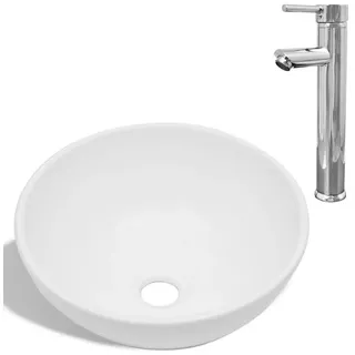 Vellora Waschbecken Bad-Waschbecken mit Mischbatterie Keramik Oval Weiß (1-St) 325 cm x 140 cm