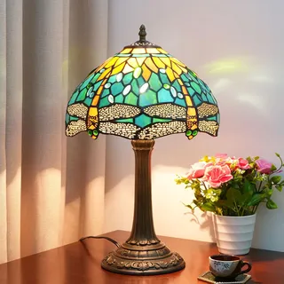 AIBOTY Libellen-Tischlampe Tiffany-Lampe Buntglaslampe Viktorianisches Buntes Glas Nachttisch-Lese-Schreibtisch-Licht 19" Groß Für Liebhabermädchen Wohnzimmer Schlafzimmer,Blue orange