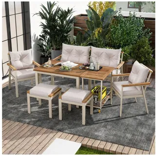 Merax Gartenlounge-Set Akazienholz Esstisch-Set für 6-7 Personen, (abnehmbare und waschbare Kissenbezüge, 7-tlg., Ideal für Terrasse, Garten, Balkon), 6-Sitzer Gartenmöbel mit 2 Stühlen, 2 Hockern, Sofa und Servierwagen beige|weiß