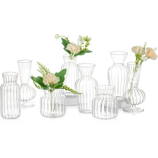 Modernes Vasen-Set aus klarem Glas: Glasseam 8 kleine Mini-Blumen-Mittelstücke, Vasen, handgefertigt, dekorativ, niedlich, kurzes Fenster, Heimdekoration für Hochzeit, Empfang, Esstisch, einzelne Rose