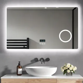 Heilmetz LED Badspiegel 100 x 60 cm mit Bluetooth, Uhr, 3 Lichtfarben | Wandspiegel 100 x 60 cm, dimmbar, mit Antibeschlag, Uhr, Bluetooth und 3-facher Vergrößerung