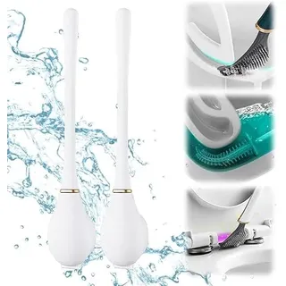 Youning Flexible Toilettenbürste Silikon Klobürste WC Bürste und Behälter Wandmontage Toilet Brush Langer Griff für Badezimmer und Toilette mit Schnell Trocknendem (2PCS/Weiß)