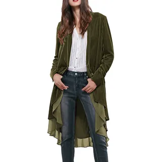 R.Vivimos Herbst Winter Damen Samt Rüschen Freizeitjacke Vintage Lang Mantel Langarm Kragenlos Schwalbenschwanz Blazer(Large,ArmeeGrün) - L