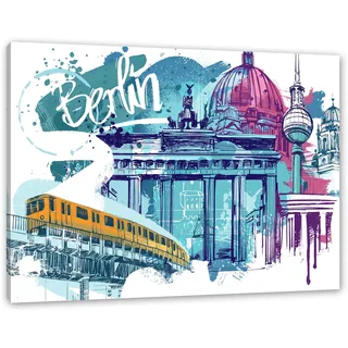 Pixxprint Berlin und Seine Wahrzeichen Abstrakt, Größe: 120x80cm, Leinwandbild, fertig gespannt, Wandbild, Dekoration, Kunstdruck, kein Poster