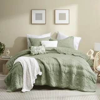 Boho Salbeigrün Quilt Queen-Size-Bettwäsche-Sets mit Kissenbezug, böhmische leichte, weiche Tagesdecke, Farmhouse Steppdecke, dünne Bettdecke für alle Jahreszeiten, 3-teilig, 228,6 x 228,6 cm