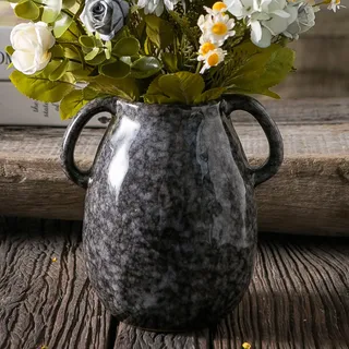Tanvecle Schwarze Keramikvase mit 2 Griffen, moderne Bauernhaus-Dekoration, rustikale Terrakotta-Keramik, dekorative Blumenvasen, kleine Tonvase, Tafelaufsatz für Esstisch, 17,8 cm hoch
