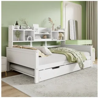 STILVORA Schlafsofa 90×200 Jugendbett mit Matratze,Bettgestell mit Stauraum & Lattenrost, mit Ausziehbett 90x190cm, Stauraum & Lattenrost – Massivholz Kiefer, Perfekt für Gästezimmer & kleine Wohnungen, 90x200 cm weiß
