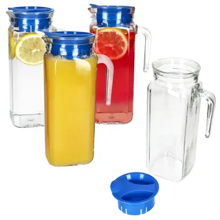 4x KARO Kühlschrankkrug mit Deckel blau 1L Henkel Glas-Karaffe Kanne Saft Wasser
