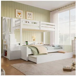 Merax Etagenbett 90x200cm/140x200cm mit Ausziehbett 90x190cm (Massivholz Hochbett Jugendbett Gästebett Stockbett, 1-St), Kinderbett mit Treppe, integriertem Stauraum, Regalen & USB-Anschluss weiß