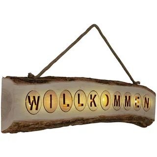 Türschild Willkommen Holz Dekoschild Haustür Schriftzug Willkommensschild zum aufhängen, Pinienholz Jute Aufhängung, LED warmweiß, LxBxH 60x3,6x12 cm