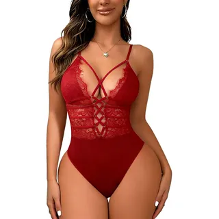 Buitifo Damen Sexy Body Ein Stück Babydoll Dessous Spitze Teddy Negligee(Red,XL) - XL