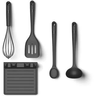 Hoffmann Küchenhelfer-Set, 5-teilig, Anthrazit, Silikon-Edelstahlkern, Schneebesen, Pfannenwender, Kochlöffel, Schöpfkelle mit Ablage, Spülmaschinenfest, Hitzebeständig, Antihaft, Küchenutensilien-Set