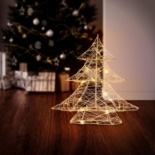ECD Germany LED Deko Baum Weihnachten mit 20 warmweißen LEDs, 30 cm hoch, aus Metall, Gold, Weihnachtsbaum mit Beleuchtung & Timer, Innen, batteriebetrieben, Lichterbaum Tanne stehend Weihnachtsdeko