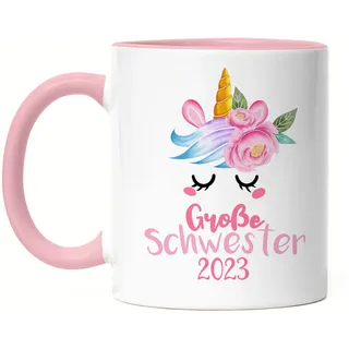 Hey!Print Große Schwester 2023 Tasse Rosa Einhorn Schwangerschaft Verkündung Geburt Big Sister Geschenk Ankündigung