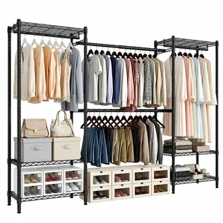 Mondeer Kleiderständer mit Teleskopstangen , 6 Ablagen, 4 Kleiderstangen, bis 70 kg pro Ebene, 40 x (183–234,5 cm) x 180cm Schwarz - Schwarz