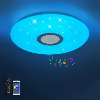 JDONG Bluetooth Deckenleuchte LED mit Lautsprecher, Fernbedienung und App-Steuerung RGB Farbwechsel dimmbar Sterne Weißes Rauschen für Schlafzimmer Kinderzimmer Badzimmerlampe 36 W Ø 40 cm