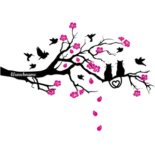 Wandtattoo mit Ast Zweig Kirschblüten 115x52cm Wandbild personalisiert Aufkleber selbst gestalten für Garderobe Flur Eingang Wohnzimmer Schlafzimmer Wandaufkleber Deko Baum (02 Katze, Mit Wunschtext)
