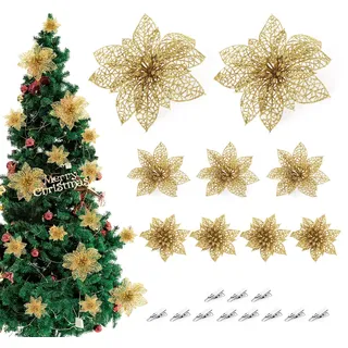 ilauke 30 Pcs Kunstblumen Weihnachten, Weihnachtsblumen Dekorationen mit Clips, Glitter Weihnachtsdeko Blumen für Weihnachtsbaum Ornamente Weihnachten Hochzeit Party Kranz Girlanden DIY,Gold
