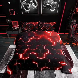 Honeycomb Bettwäsche Set 135x200,Rot Schwarz Geometrische Bettbezug Neon Glitter Hexagon Geometrie Tröstenbezug für Kinder Jungen Teen Männer Weiche Leichte Quilt Cover Schlafzimmer Schlafsaal Dekor