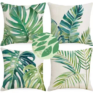Kissenbezug Mit Tropischem Blattmotiv, 45 X 45 Cm, Grüne Palme, Polyester-leinen, Frühlings- Und Sommerdekoration Für Sofa Und Garten (4er-set)