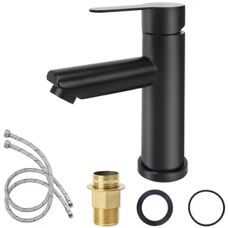 Minnhua Waschtischarmatur Schwarz Matt Wasserhahn Bad Schwarz 304 Edelstahl | Waschbecken Armaturen Badezimmer Schwarz Waschbeckenarmatur Mischbatterie Bad Einlochmontage G3/8 mit 2 Schläuche für WC Bad