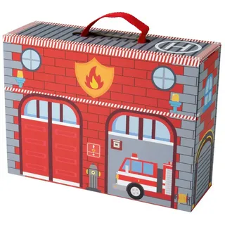 Playtive Spielkoffer Feuerwehrstation 13-teilig tragbar große Spielfläche spi...