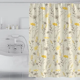 Lieson Duschvorhänge 220x200CM Beige Gelb, Polyester Duschvorhang Anti-Schimmel mit ÖSEN Blumen und Blätter Muster Badezimmer Badewanne Vorhang mit Haken