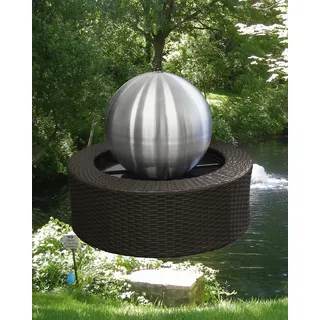 Gardenforma Wasserspiel mit Edelstahl-Kugel 35 cm, Rattanumrandung, Pumpe und LED, Ausführung: Edelstahl