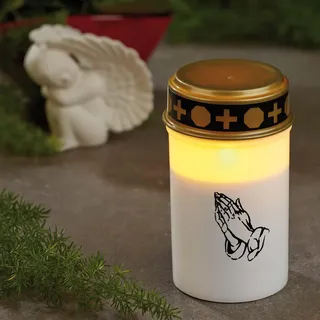 hellum Grablichter LED mit Batterie & Timer weiß, Grabschmuck wetterfest | LED Grablichter für draußen weiß Motiv betende Hände, elektrische Grabkerzen outdoor batteriebetrieben (nicht inkl.) 522860