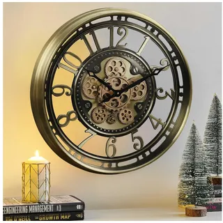 Samilito Wanduhr 53,5 cm rund, drehende Zahnräder, Industrial, leises Quarzwerk (Echtes Bewegungsgetriebe, separater Antrieb, lautloses Sweep-Uhrwerk)