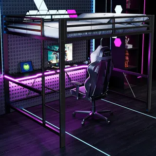 BTM Gaming Bett Jugendbett 160 x 200 cm Metall Hochbett mit Schreibtisch und USB, Kinder Erwachsene mit LED, Schwarz