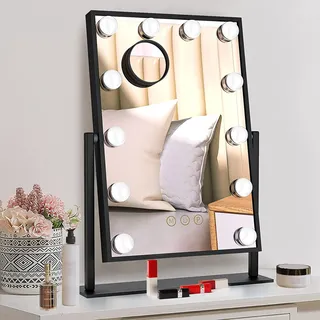 TUREWELL Hollywood Schminkspiegel mit Beleuchtung, Großer Kosmetikspiegel mit 3 Farblicht und 12 LED Licht, Touch Steuerung und 360° Drehung Tischspiegel